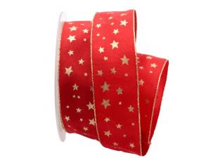 Weihnachtsband Gold-Sterne Rot mit Draht 40mm