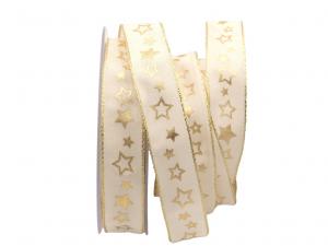 Weihnachtsband Goldsterne creme 25mm mit Draht