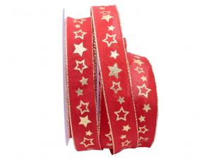 Weihnachtsband Goldsterne rot 25mm mit Draht Weihnachtsband Goldsterne rot 25mm mit Draht