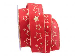 Weihnachtsband Goldsterne rot 40mm mit Draht Weihnachtsband Goldsterne rot 40mm mit Draht