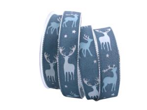 Weihnachtsband Hirsch Blau mit Draht 25mm