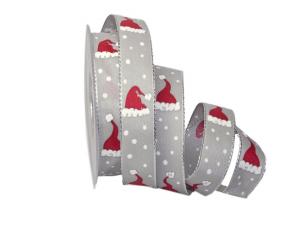 Weihnachtsband Nikolausmütze grau mit Draht 25mm - Geschenkband günstig online kaufen!