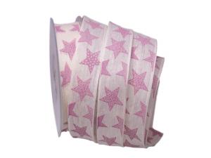 Geschenkband Dekoband Schleifenband Weihnachtsband Nostalgiesterne creme / rosa 25mm mit Draht