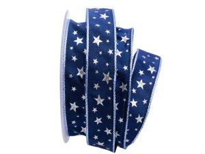 Weihnachtsband Silber-Sterne Blau mit Draht 25mm