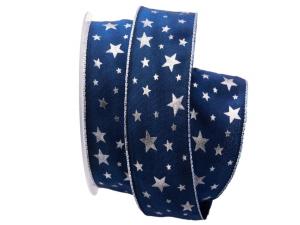 Weihnachtsband Silber-Sterne Blau mit Draht 40mm