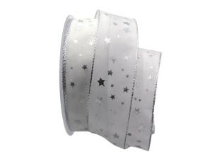 Weihnachtsband Silber-Sterne Weiß mit Draht 40mm