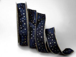Weihnachtsband Sterne blau 25mm mit Draht