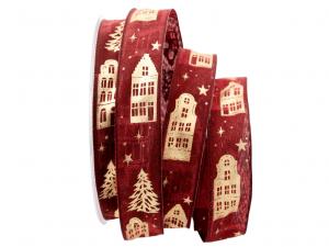 Geschenkband Dekoband Schleifenband Weihnachtsband Village bordeaux 25mm mit Nylonkante