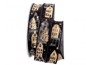 Geschenkband Dekoband Schleifenband Weihnachtsband Village schwarz 25mm mit Nylonkante