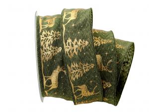 Geschenkband Dekoband Schleifenband Weihnachtsband Wald und Hirsch grün olive 40mm mit Draht