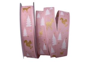 Weihnachtsband Waldleben rosa mit Draht 25mm
