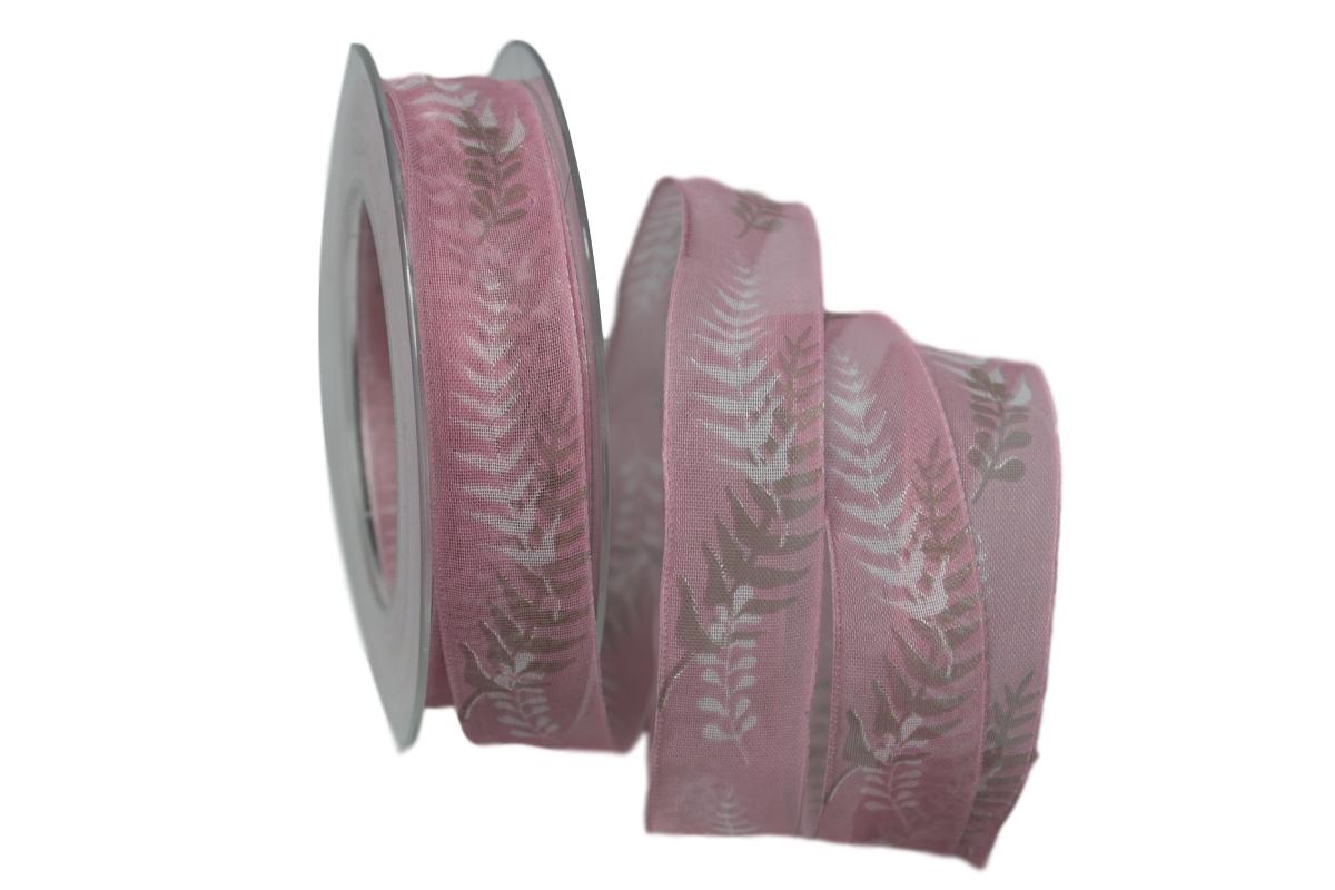 Motivband Farn 25mm rosa mit Draht