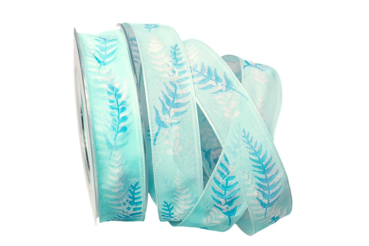 Motivband Farn 25mm türkis mit Draht