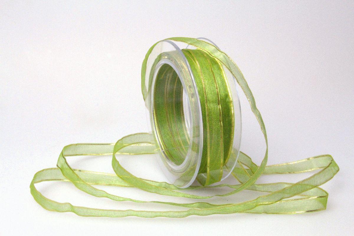 Organzaband 10mm grün mit Goldkante ohne Draht