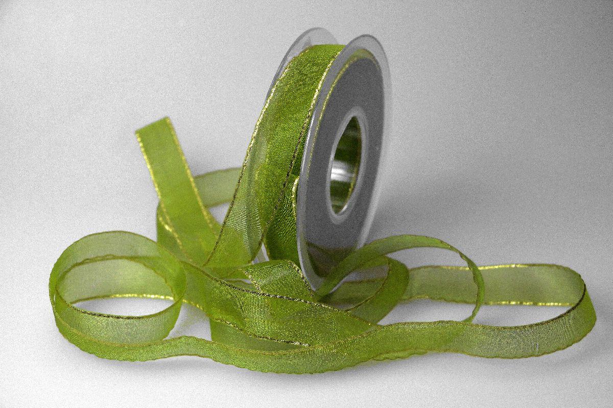 Organzaband 15mm grün mit Goldkante ohne Draht