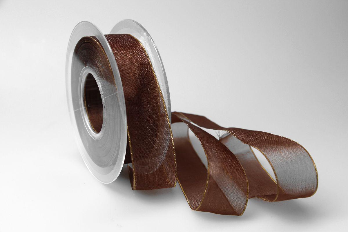 Organzaband 25mm braun mit Goldkante ohne Draht