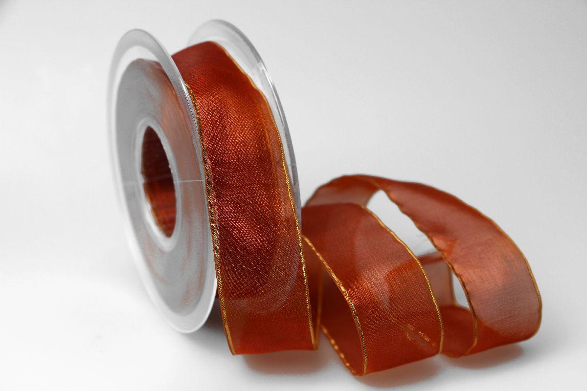 Organzaband 25mm braun mit Goldkante ohne Draht