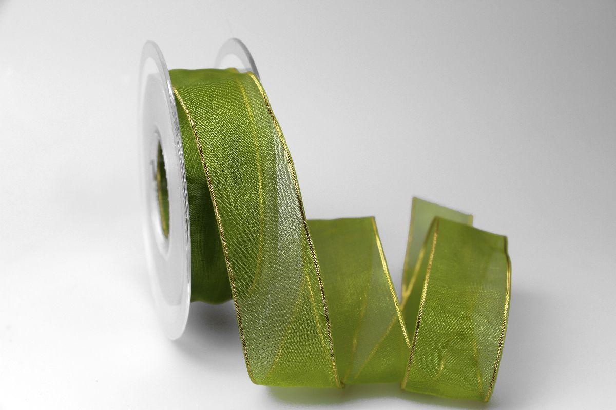 Organzaband 25mm grün mit Goldkante ohne Draht
