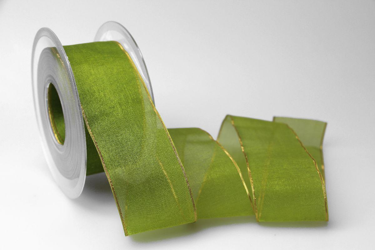 Organzaband 40mm grün mit Goldkante ohne Draht