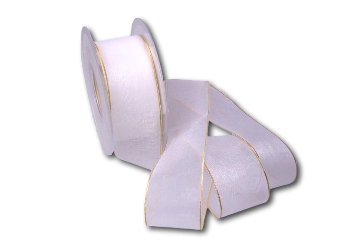Organzaband 40mm weiß mit Goldkante ohne Draht