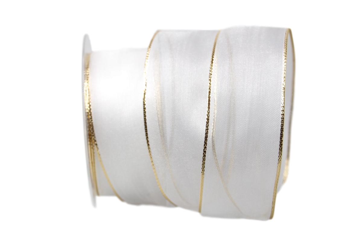 Organzaband wollweiß / Goldkante mit Draht 40mm