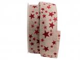 Baumwollband Sternenhimmel natur / rot 40mm ohne Draht