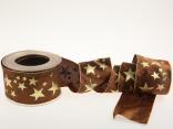 Weihnachtsband Gold-Sterne Braun mit Draht 70mm Weihnachtsband Gold-Sterne Braun mit Draht 70mm