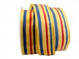 Dekoband Streifen gelb / blau / rot 40mm mit Draht