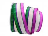 Dekoband Streifen grün / pink / weiß 40mm mit Draht Dekoband Streifen grün / pink / weiß 40mm mit Draht