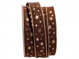 Weihnachtsband Gold-Sterne Braun mit Draht 25mm Weihnachtsband Gold-Sterne Braun mit Draht 25mm