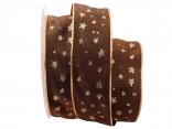 Weihnachtsband Gold-Sterne Braun mit Draht 40mm Weihnachtsband Gold-Sterne Braun mit Draht 40mm