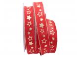 Weihnachtsband Goldsterne rot 25mm mit Draht Weihnachtsband Goldsterne rot 25mm mit Draht