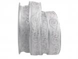 Weihnachtsband Nostalgie Silber mit Draht 25mm Weihnachtsband Nostalgie Silber mit Draht 25mm