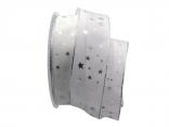 Weihnachtsband Silber-Sterne Weiß mit Draht 40mm Weihnachtsband Silber-Sterne Weiß mit Draht 40mm