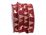 Weihnachtsband Wald und Hirsch bordeaux 25mm mit Draht