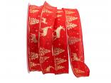 Weihnachtsband Wald und Hirsch rot 25mm mit Draht