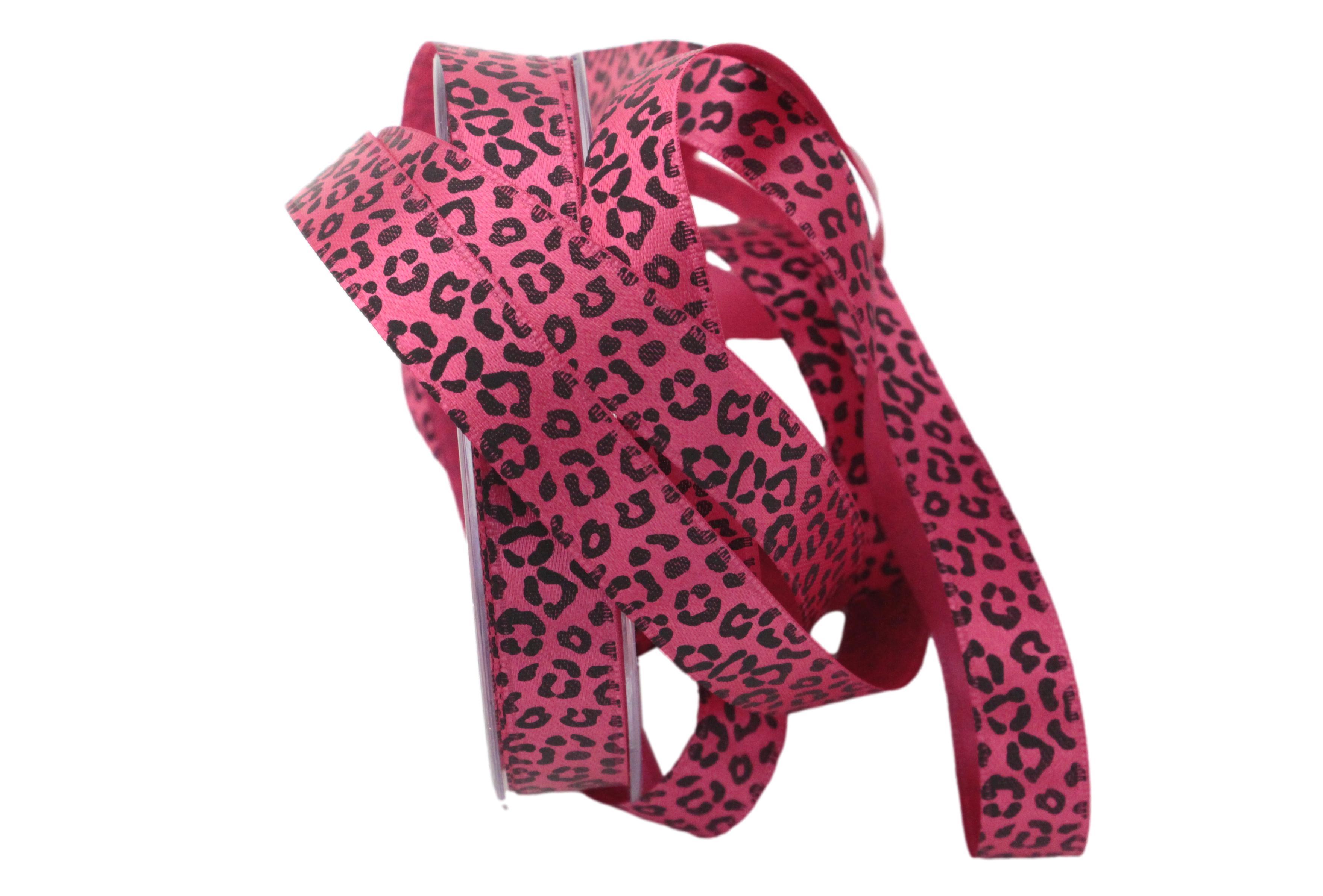Satinbandband Leoprint 15mm pink / schwarz ohne Draht