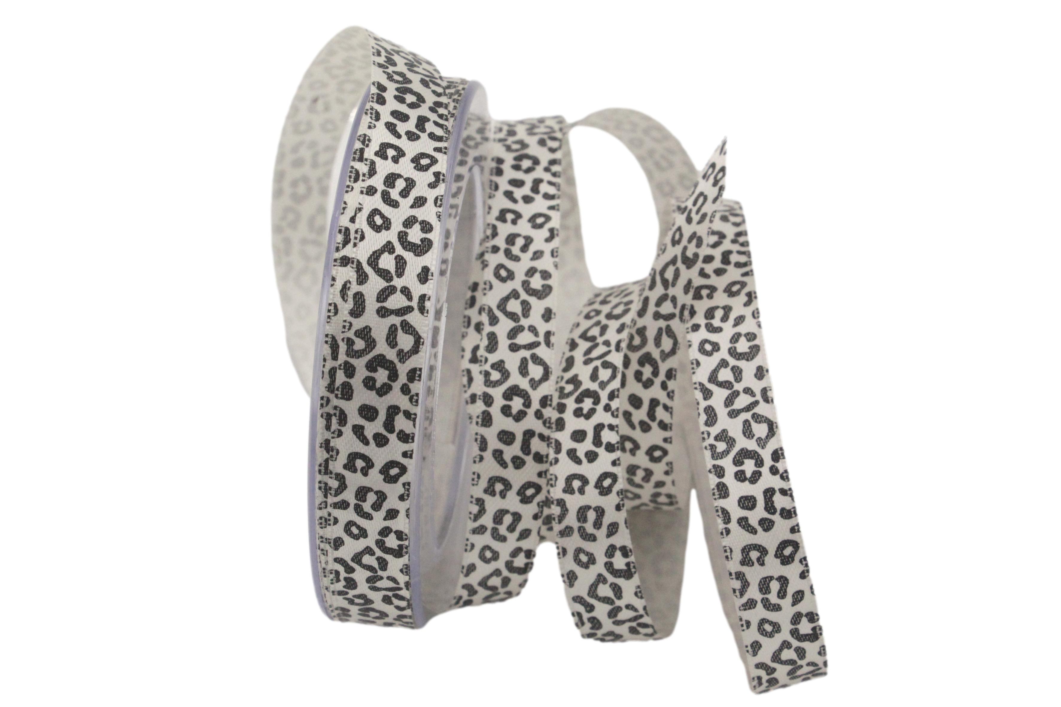 Satinbandband Leoprint 15mm weiß / schwarz ohne Draht