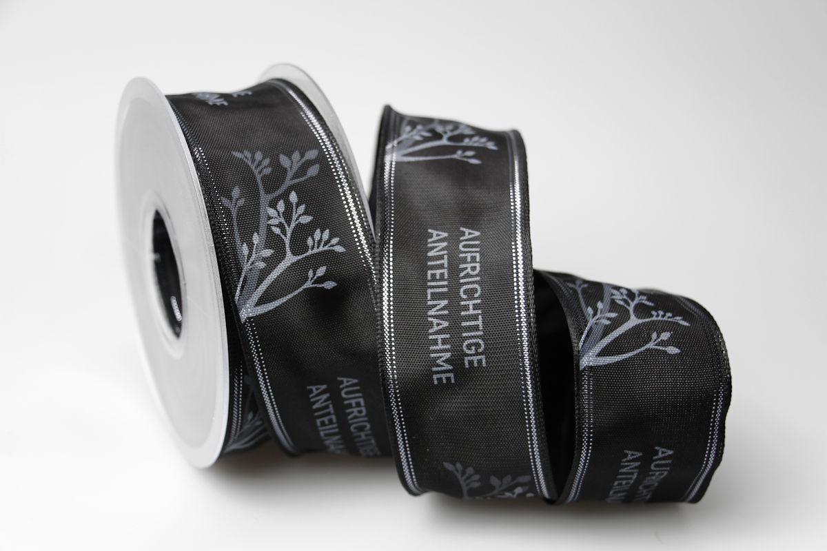 Trauerband "Aufrichtige Anteilnahme" schwarz 40mm mit Draht