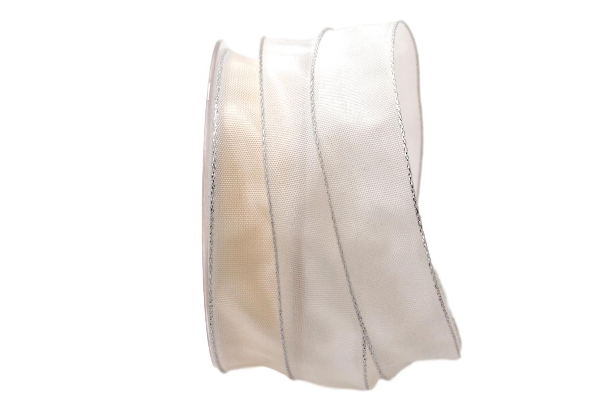 Uniband Silberkante Amerika Creme - Weiß mit Draht 25mm