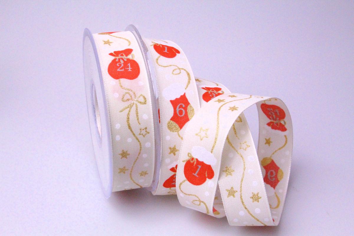Weihnachtsband Adventskalender 25mm creme mit Draht