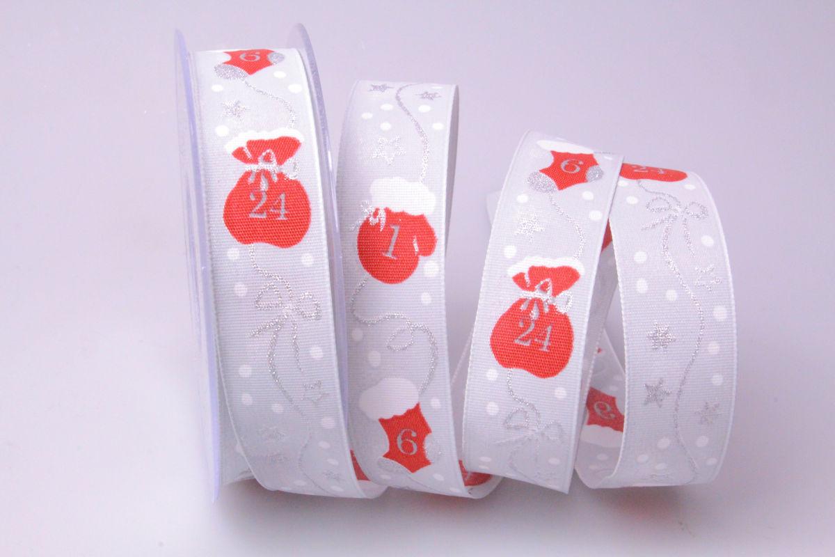 Weihnachtsband Adventskalender 25mm grau mit Draht