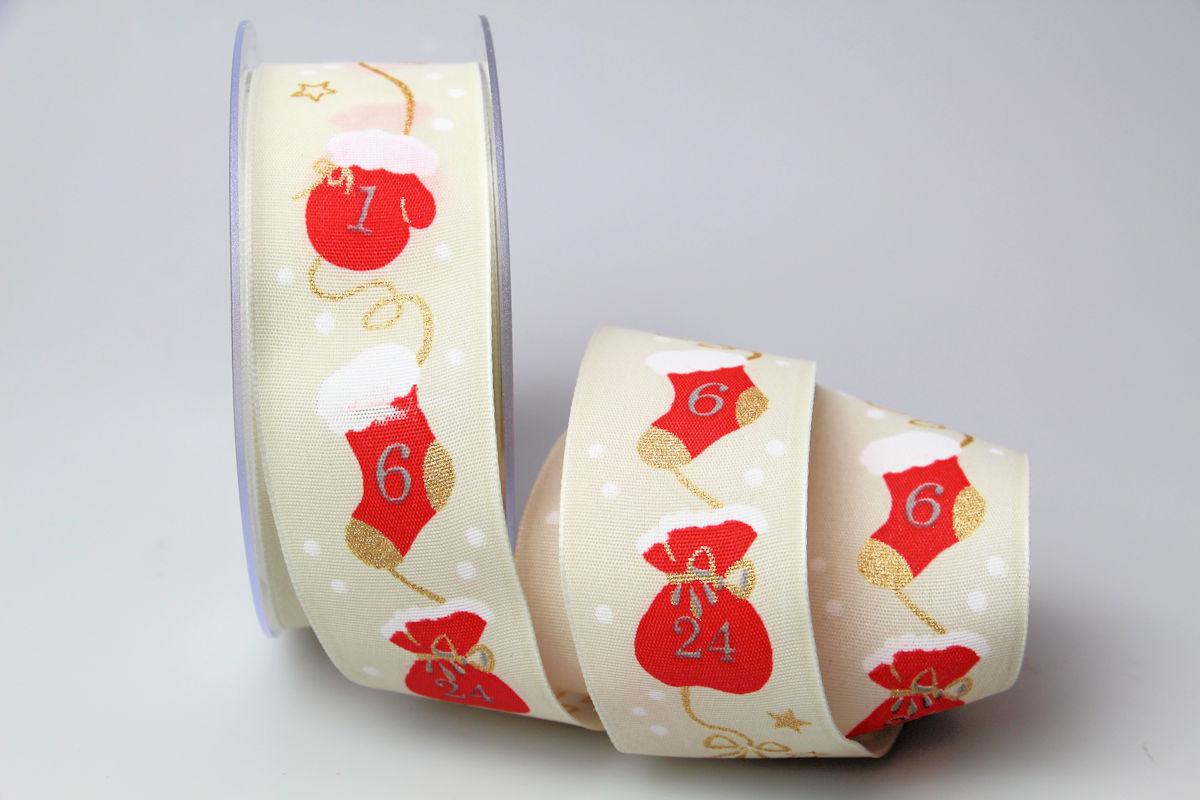 Weihnachtsband Adventskalender 40mm creme mit Draht
