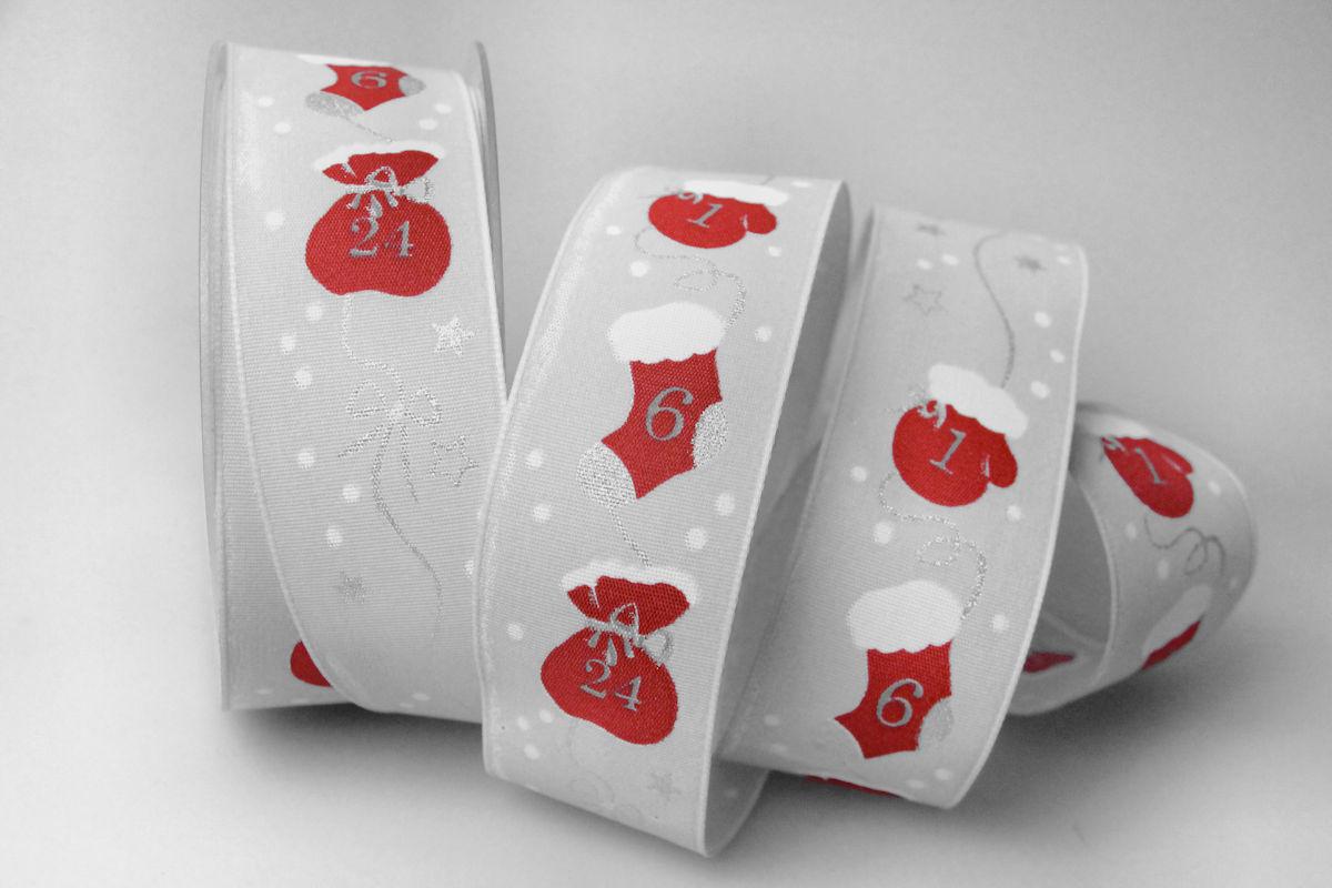 Weihnachtsband Adventskalender 40mm grau mit Draht