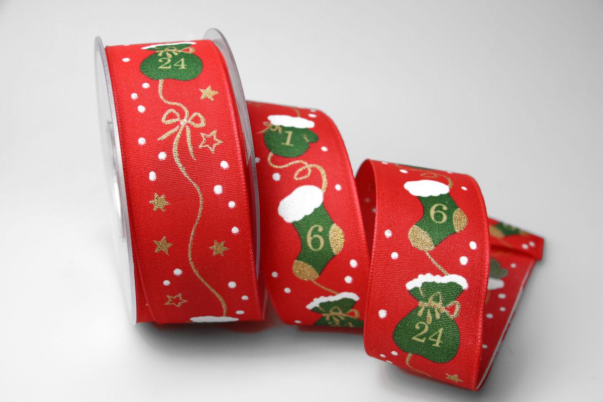 Weihnachtsband Adventskalender 40mm rot mit Draht