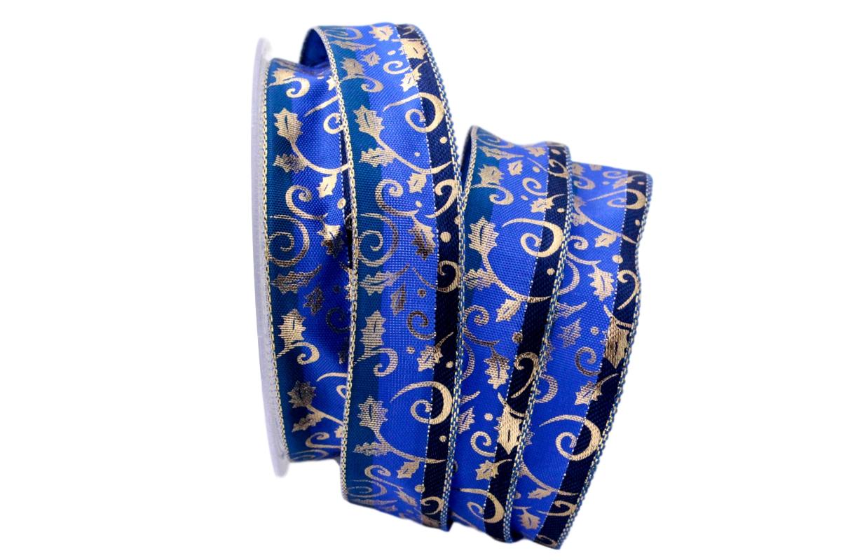 Weihnachtsband Blätterranke blau 25mm mit Draht