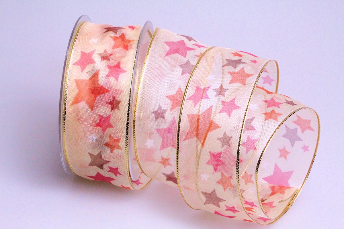 Weihnachtsband Crazy Stars 40mm creme mit Draht