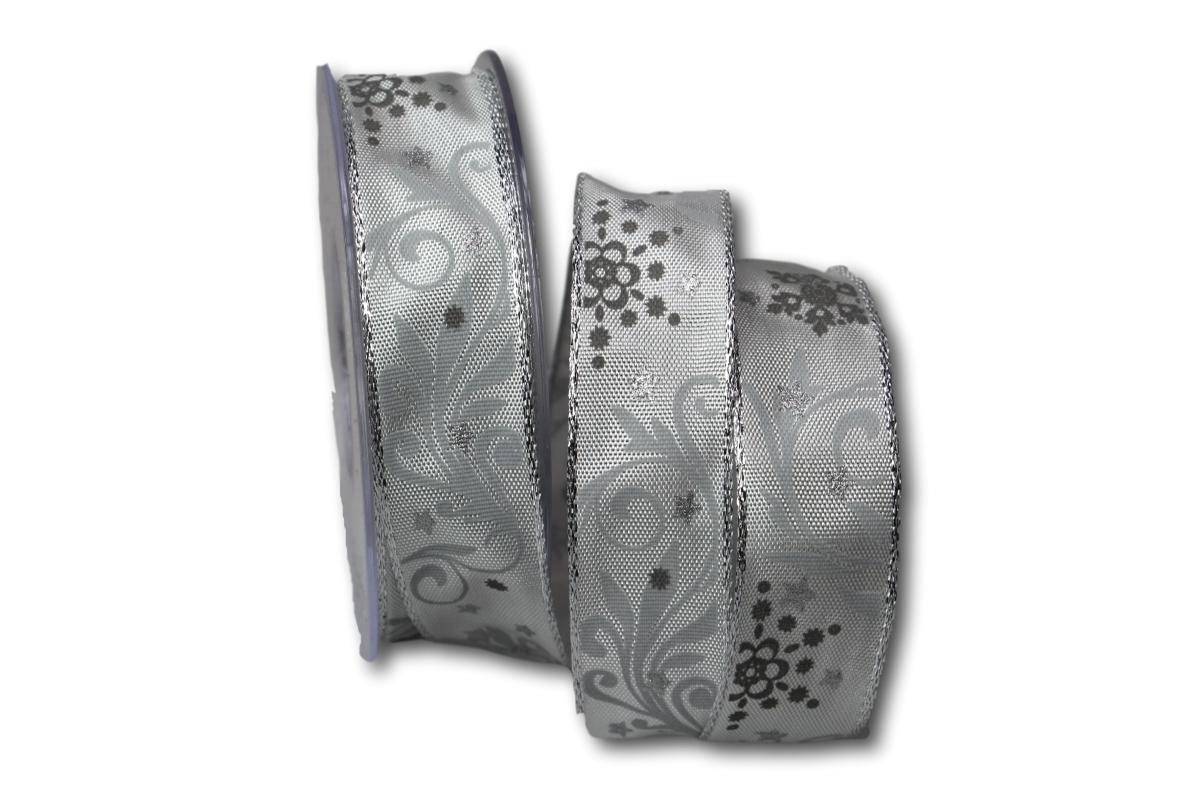 Weihnachtsband Diamant silbergrau 25mm mit Draht