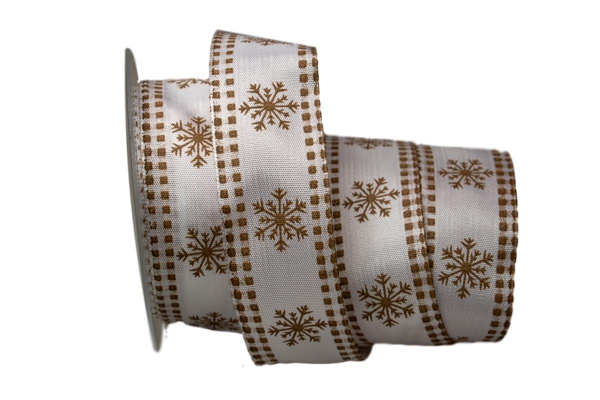 Weihnachtsband Eiskristall weiß / braun 40mm mit Draht