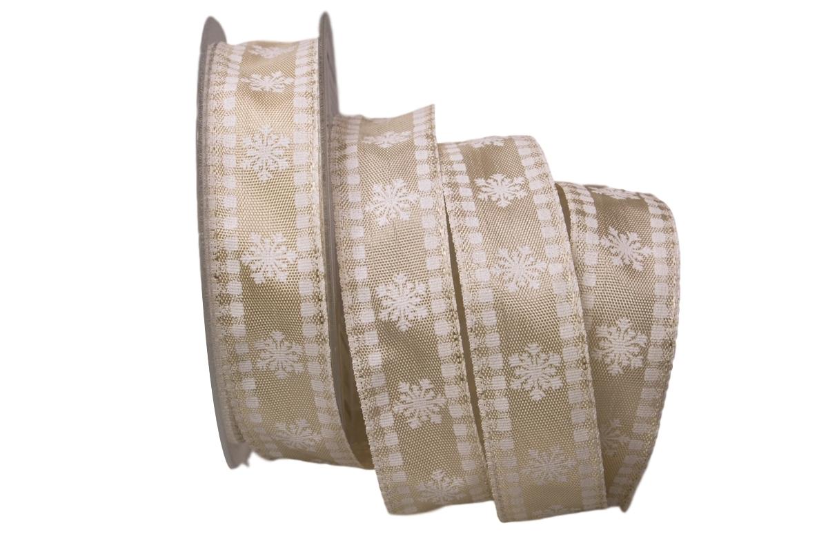 Weihnachtsband Eiskristall weiß / creme 25mm mit Draht